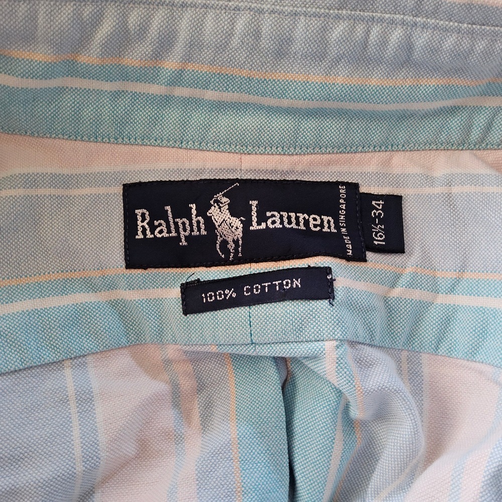 Ralph Lauren Button Down Shirt Mens 16.5-34 Blue Pink Striped Oxford Cotton - Picture 11 of 16